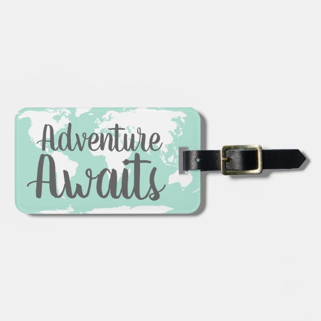 Adventure Awaits World Map & Mint Luggage Tag (Front Horizontal)