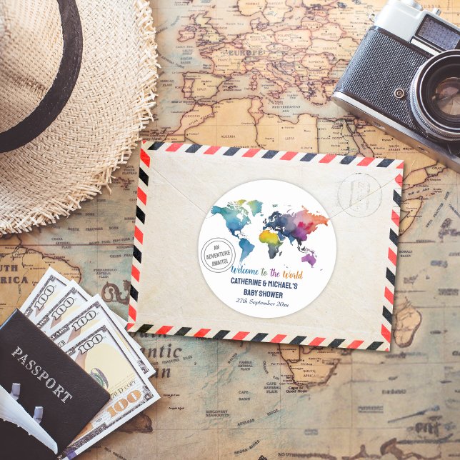 Adventure Awaits World Map Travel Baby Shower  Classic Round Sticker (Creator Uploaded)