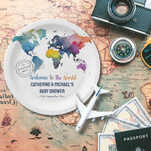 Adventure Awaits World Map Travel Baby Shower  Paper Plate