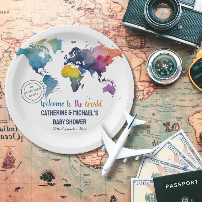 Adventure Awaits World Map Travel Baby Shower  Paper Plate (Creator Uploaded)