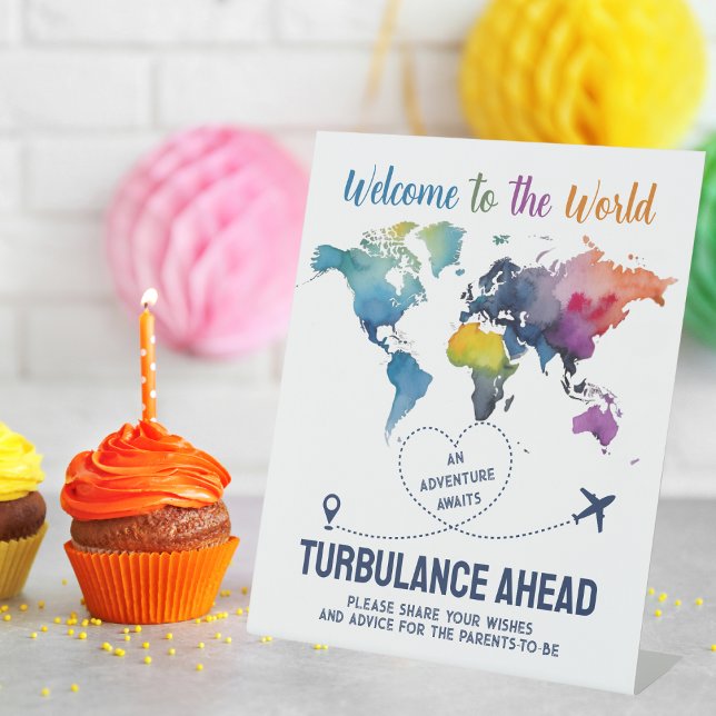 Adventure Awaits World Map Travel Baby Shower  Pedestal Sign (Creator Uploaded)