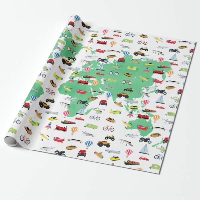 Adventure Awaits World Map Vehicles Wrapping Paper (Unrolled)