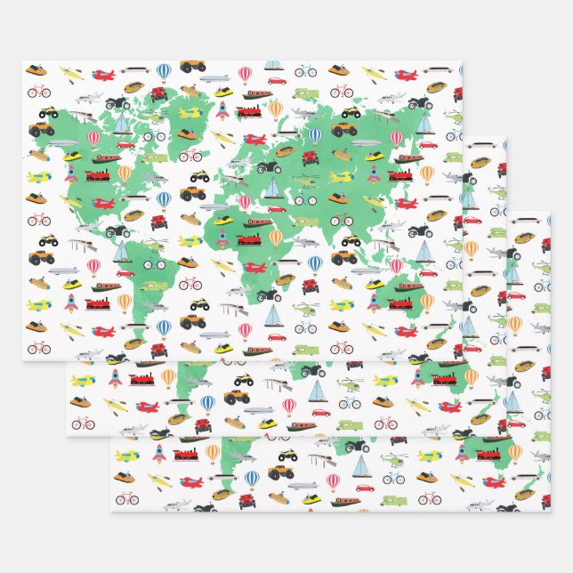 Adventure Awaits World Map Vehicles Wrapping Paper Sheet (Set)