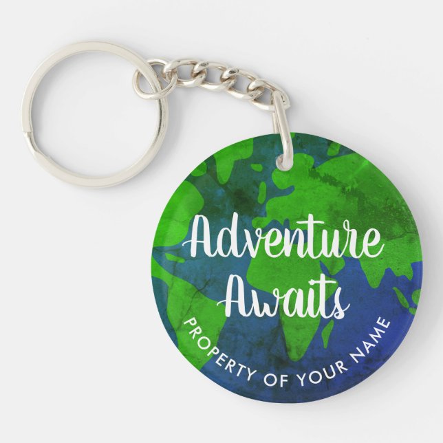 Adventure Awaits world travel map custom name Key Ring (Front)