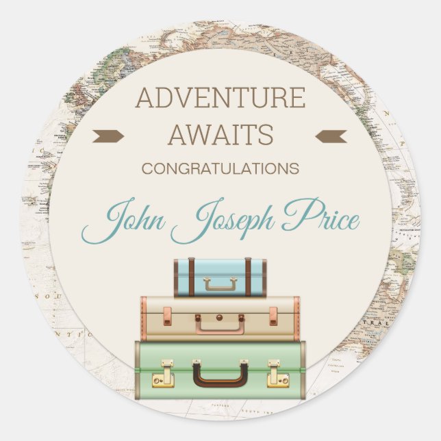 Adventure Awaits World Travel Map Modern Classic Round Sticker (Front)