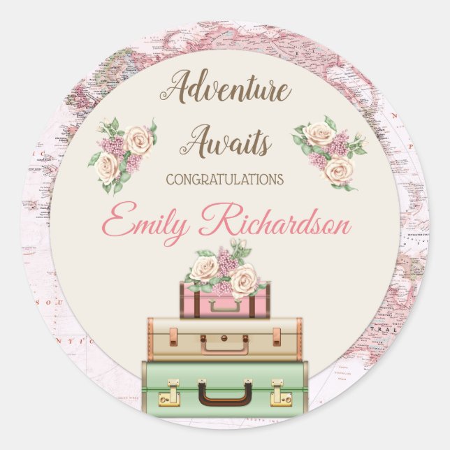 Adventure Awaits World Travel Map Pink Floral Classic Round Sticker (Front)