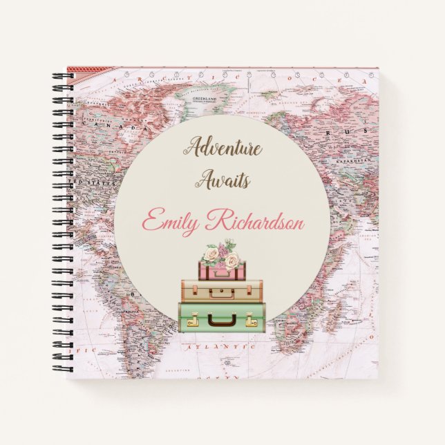 Adventure Awaits World Travel Map Pink Ivory Roses Notebook (Front)