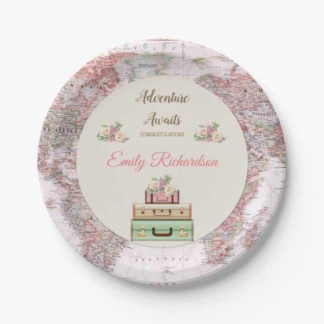 Adventure Awaits World Travel Map Pink Ivory Roses Paper Plate (Front)