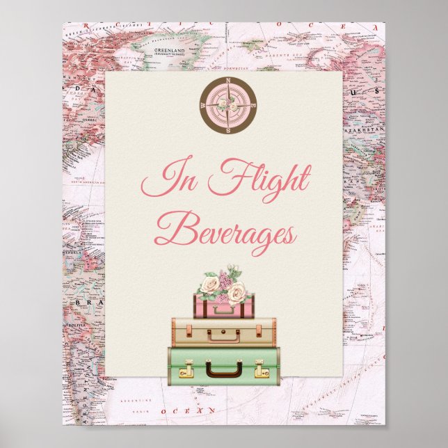 Adventure Awaits World Travel Map Pink Ivory Roses Poster (Front)