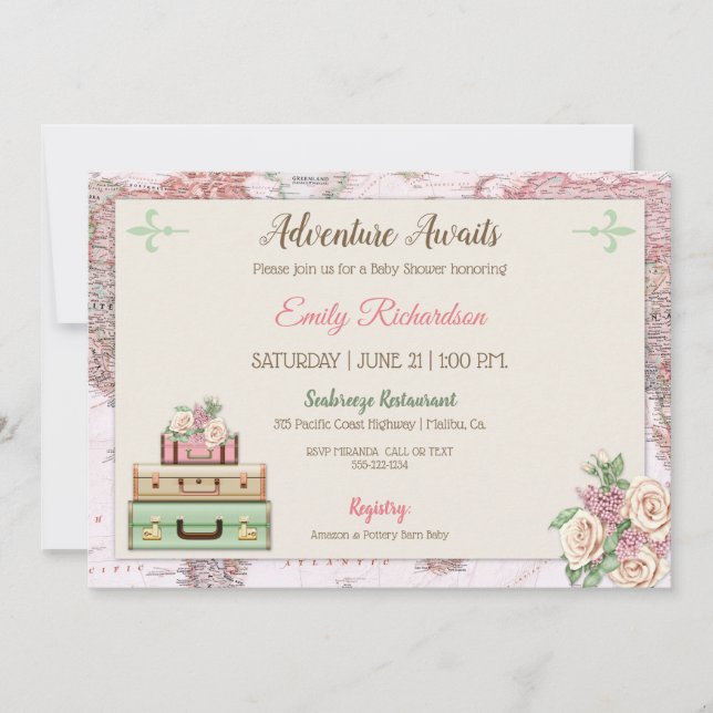 Adventure Awaits World Travel Pink Mint Floral Invitation (Front)