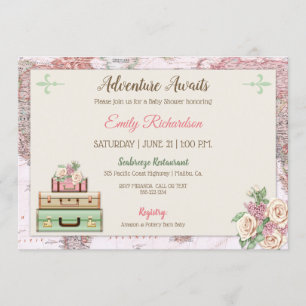 Adventure Awaits World Travel Pink Mint Floral Invitation