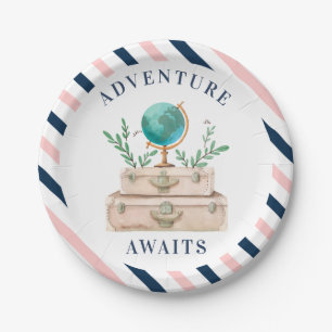 Adventure Awaits World Travel Suitcases Party Paper Plate