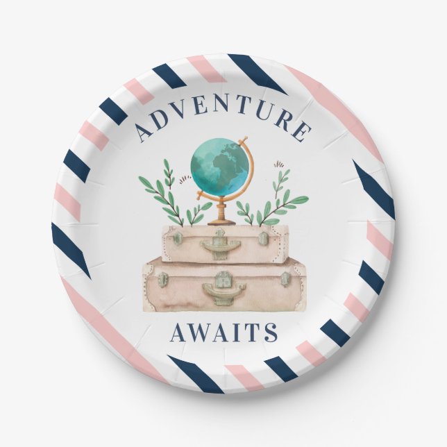Adventure Awaits World Travel Suitcases Party Paper Plate (Front)