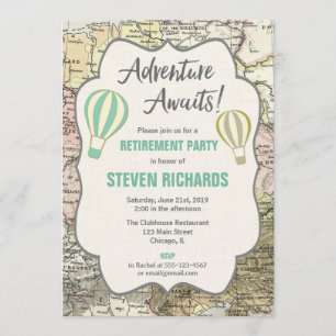 Adventure Awaits world traveller retirement party Invitation