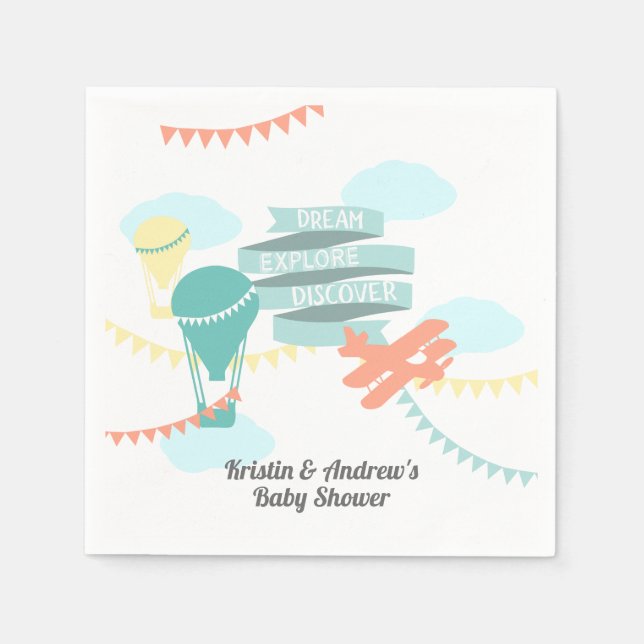 Adventure Baby Shower Aeroplane and Balloon Napkin (Front)