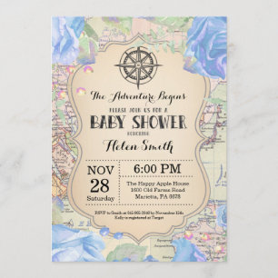 Adventure Baby Shower Blue Floral Map Travel World Invitation