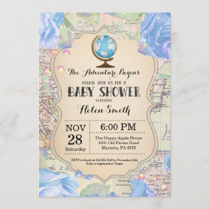 Adventure Baby Shower Blue Floral Map Travel World Invitation