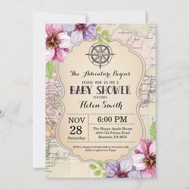 Adventure Baby Shower Floral Map Travel World Invitation (Front)