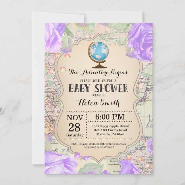 Adventure Baby Shower Floral Map Travel World Invitation (Front)