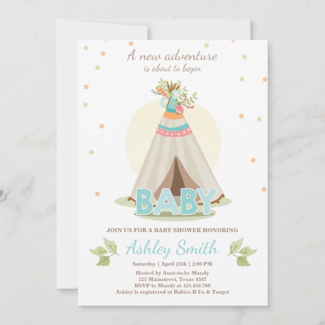 Adventure baby shower invitation Boy Teepee Boho (Front)