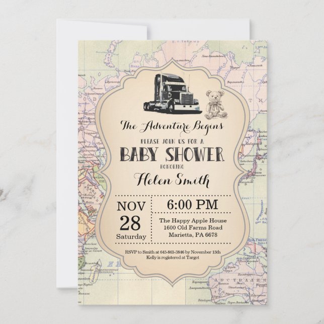 Adventure Baby Shower Invitation Map Travel World (Front)