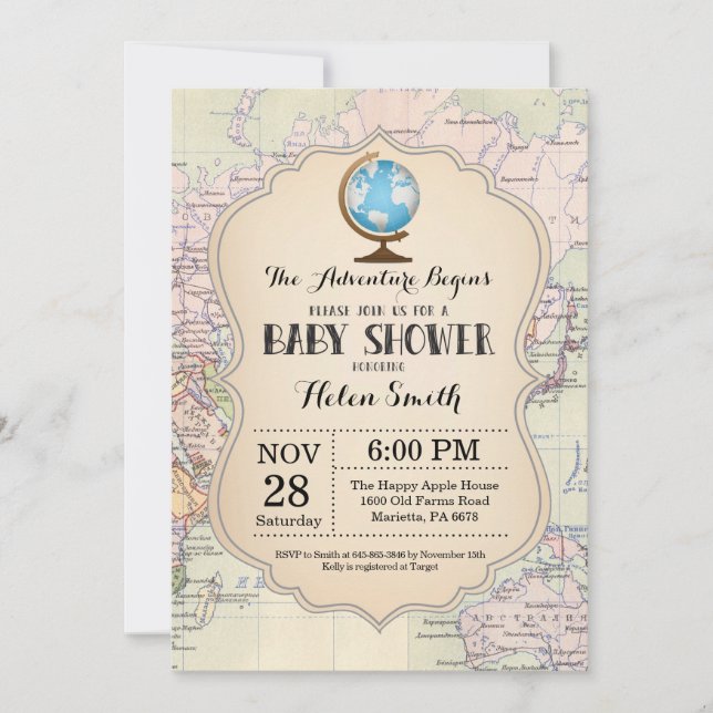 Adventure Baby Shower Invitation Map Travel World (Front)