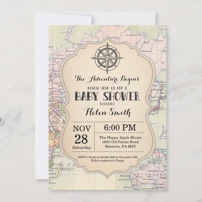 Adventure Baby Shower Invitation Map Travel World (Front)