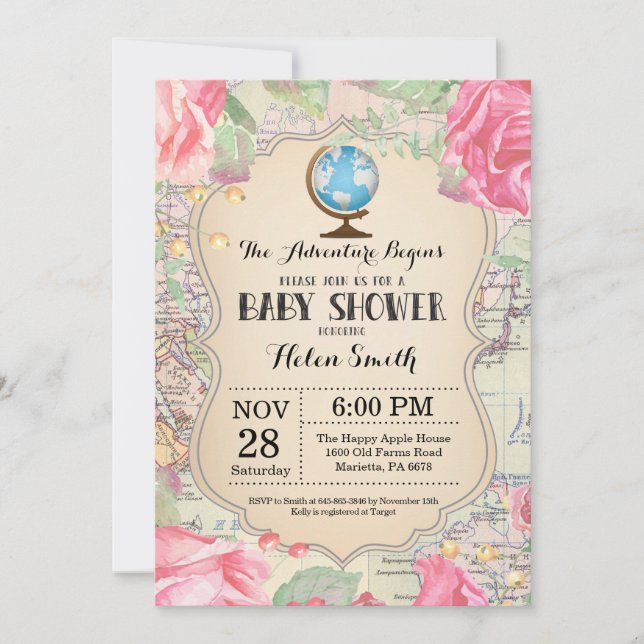 Adventure Baby Shower Pink Floral Map Travel World Invitation (Front)