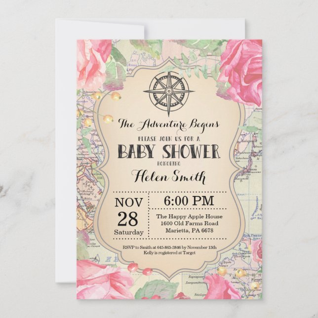 Adventure Baby Shower Pink Floral Map Travel World Invitation (Front)