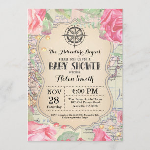 Adventure Baby Shower Pink Floral Map Travel World Invitation