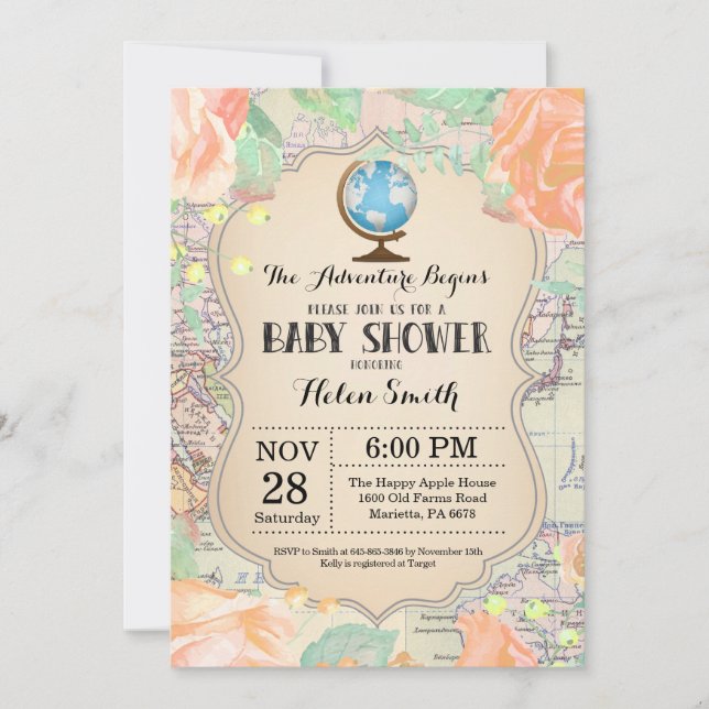 Adventure Baby Shower Pink Floral Map Travel World Invitation (Front)