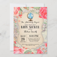 Adventure Baby Shower Red Floral Map Travel World