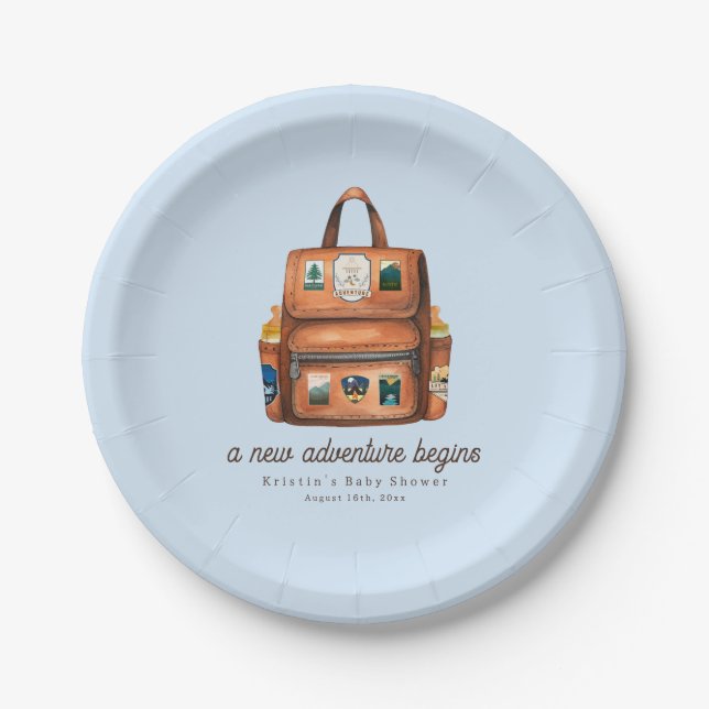 Adventure Backpack + Bottles Blue Baby Shower Paper Plate (Front)