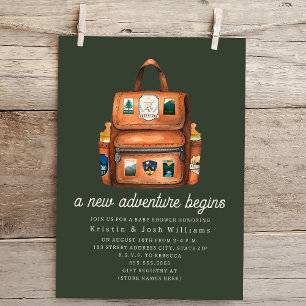 Adventure Backpack + Bottles Green Baby Shower Invitation