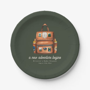 Adventure Backpack + Bottles Green Baby Shower Paper Plate