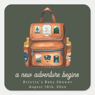 Adventure Backpack + Bottles Green Baby Shower Square Sticker