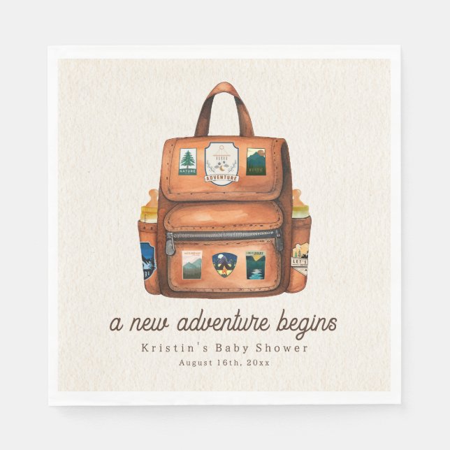 Adventure Backpack + Bottles Woodland Baby Shower Napkin (Front)