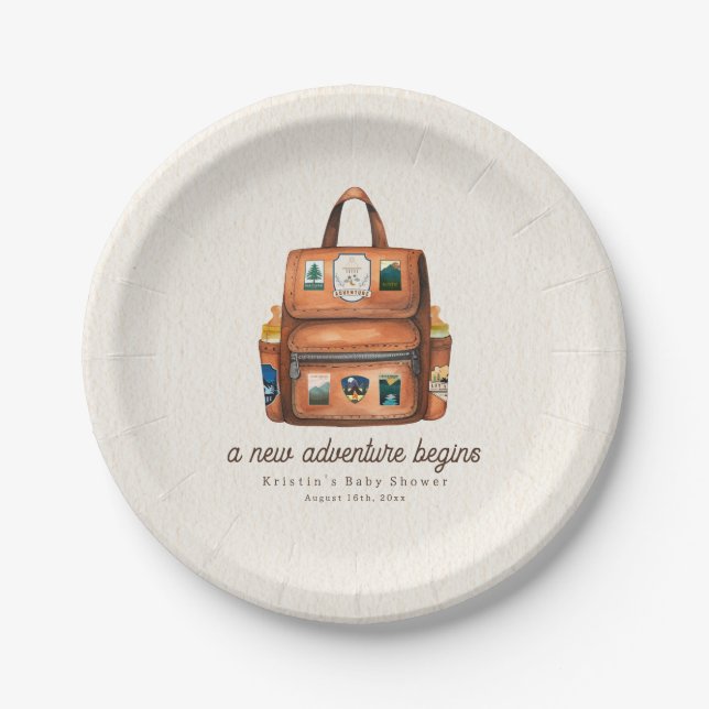 Adventure Backpack + Bottles Woodland Baby Shower Paper Plate (Front)