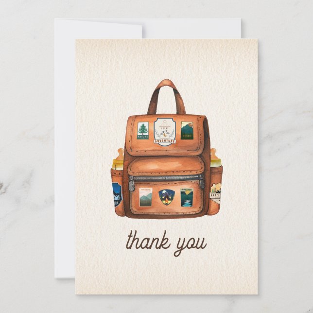 Adventure Backpack + Bottles Woodland Baby Shower Thank You Card (Front)