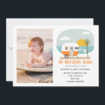 Adventure Beach Orange Camper Baby Birth Announcement<br><div class="desc">Illustration of an orange camper on the beach with baby clothes on clothesline attached to palm tree with "The Adventure Begins" and custom text for baby's name and birth stats.  Replace photo with your own.</div>