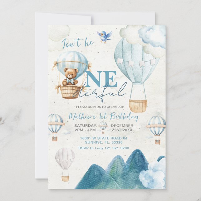 Adventure Bear Hot Air Balloon Mountain Birthday Invitation (Front)