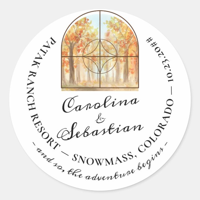 Adventure Begin Mountain Forest Landscape Wedding Classic Round Sticker (Front)