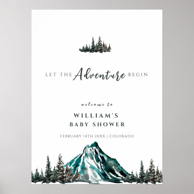 Adventure Begin Mountain Pine Baby Shower Welcome  Poster (Front)