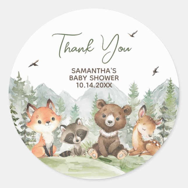 Adventure Begin Woodland Animals Baby Shower Classic Round Sticker (Front)