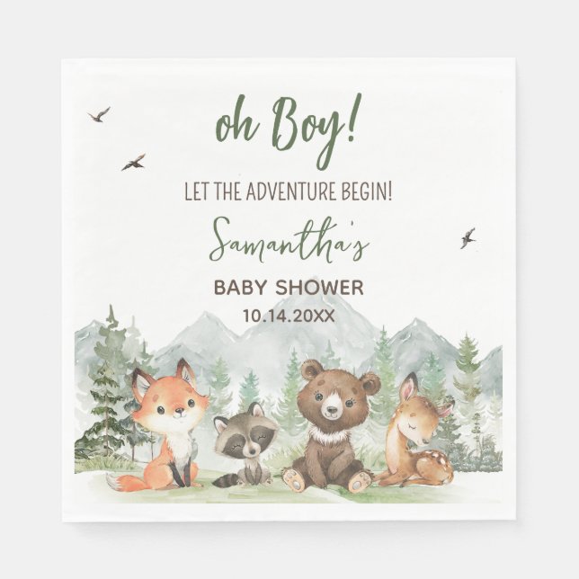 Adventure Begin Woodland Animals Baby Shower Napkin (Front)