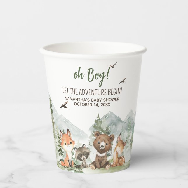 Adventure Begin Woodland Animals Baby Shower Paper Cups (Front)