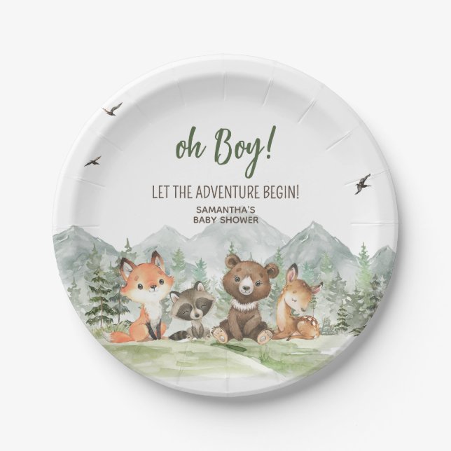 Adventure Begin Woodland Animals Baby Shower Paper Plate (Front)