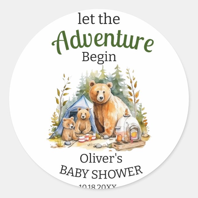 Adventure Begin Woodland Baby Shower  Classic Round Sticker (Front)