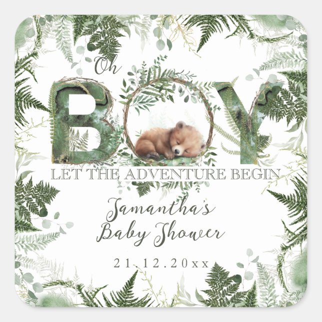 Adventure Begin Woodland Bear Baby Boy Shower Square Sticker (Front)