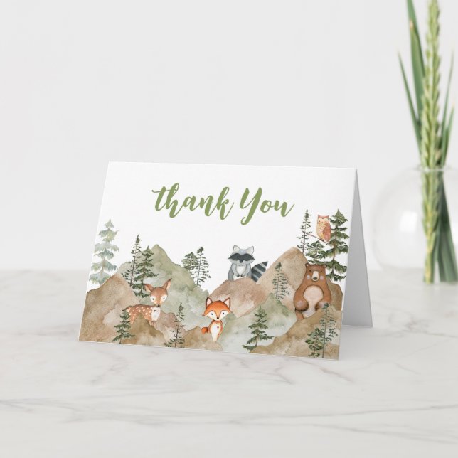 Adventure Begin Woodland Mountain Baby Shower Thank You Card (Front)